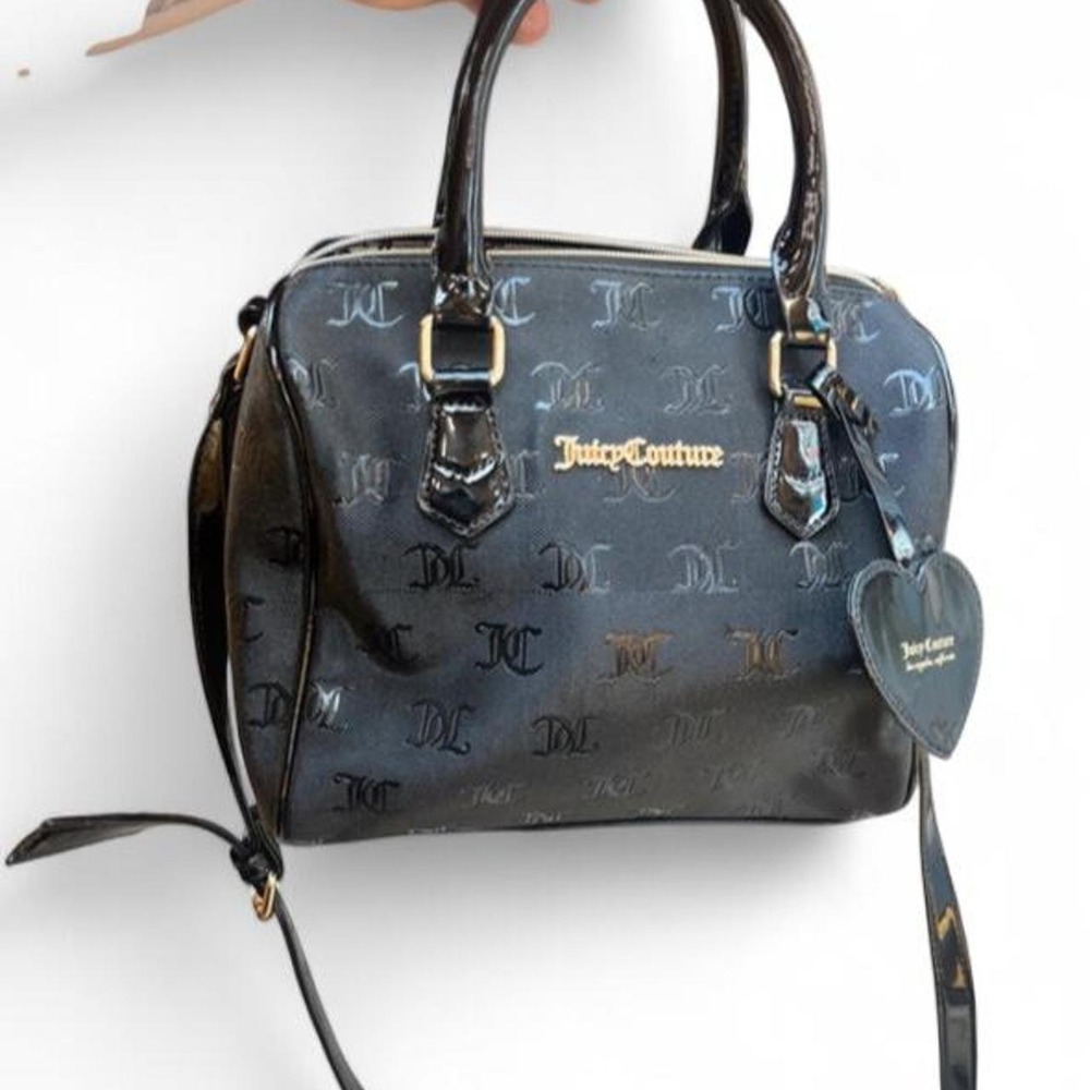 Juicy Couture Fame Satchel Black Crossbody Handbag Purse Heart Charm